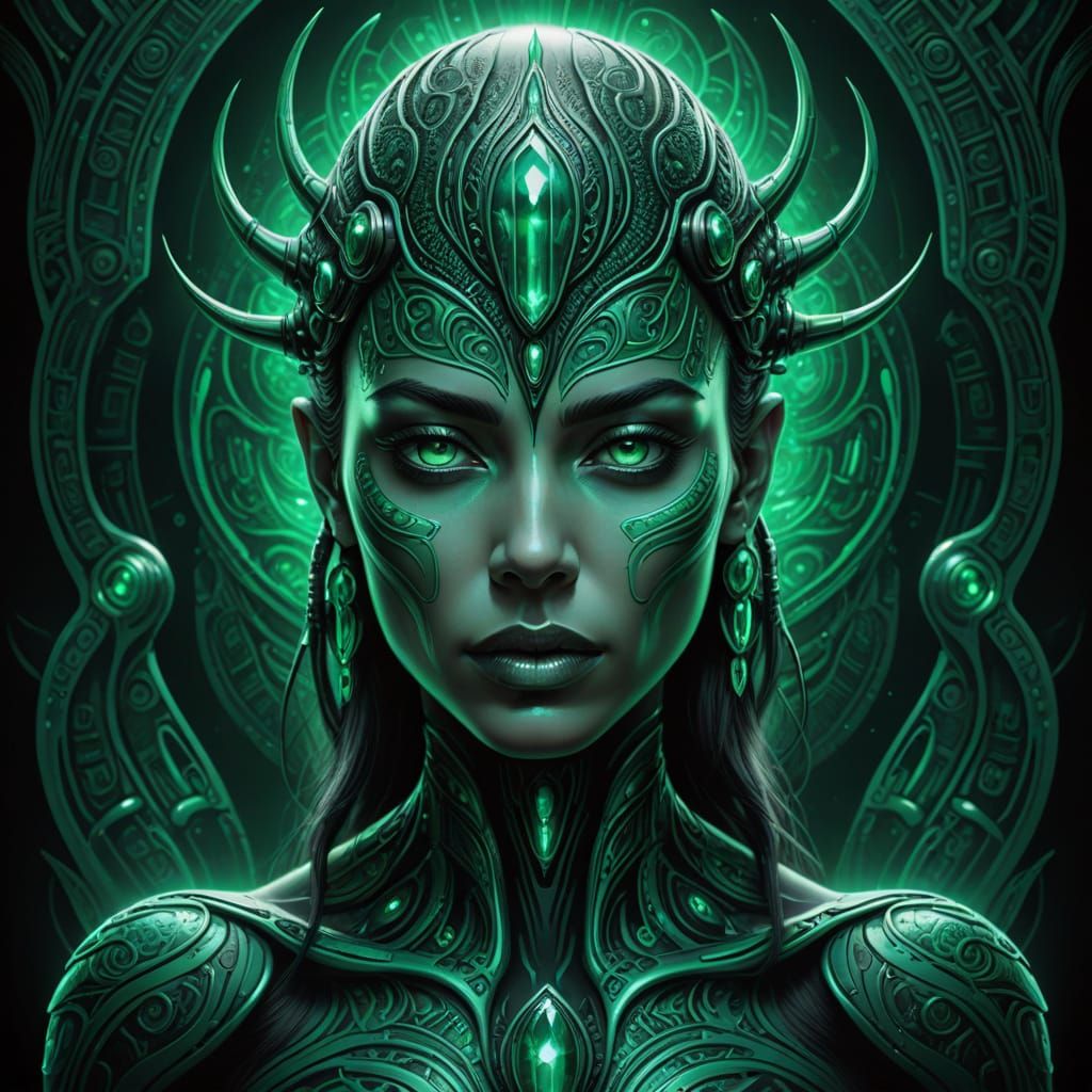 Ethereal Biomechanical Goddess with Emerald Skin and Tribal ...