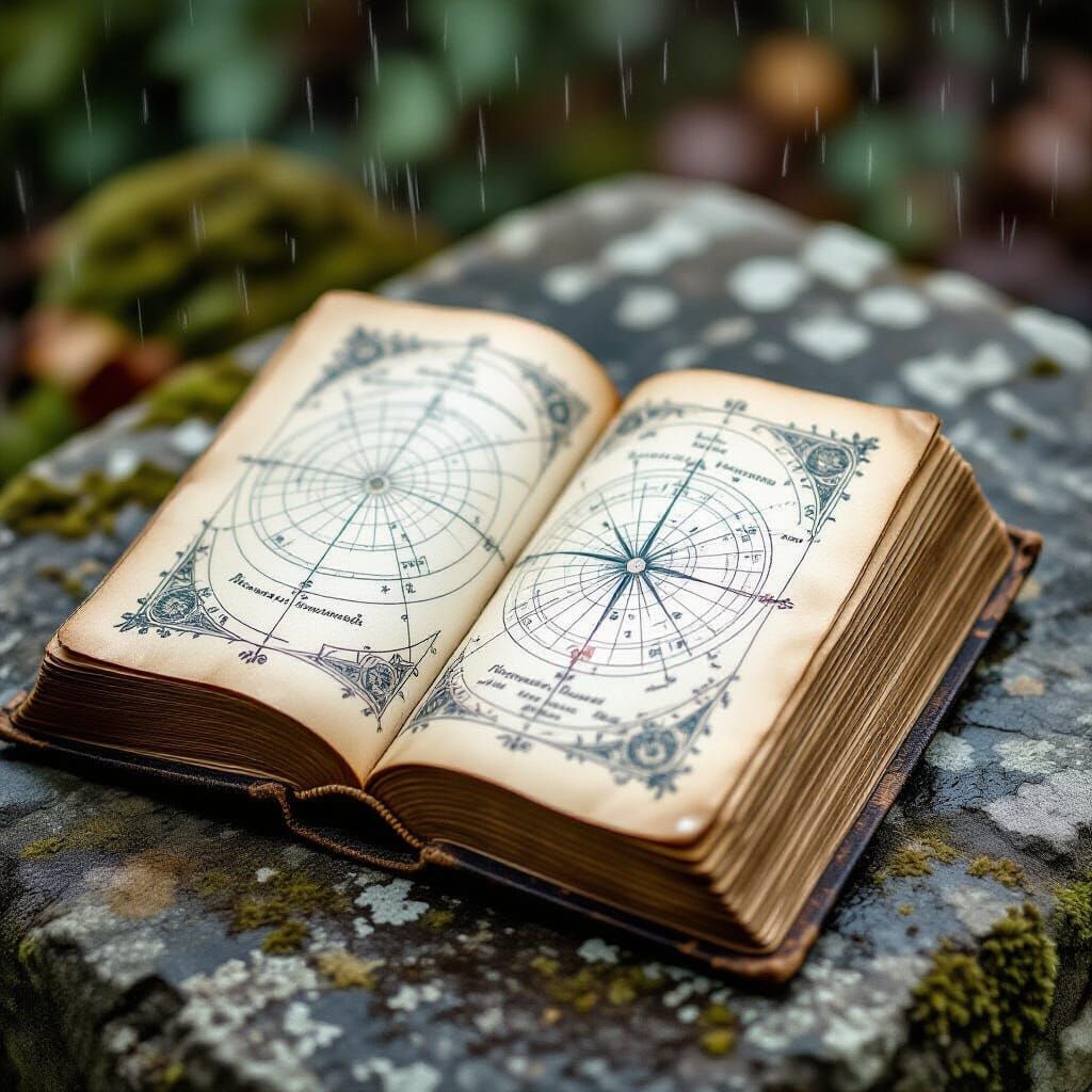Ancient Book of Celestial Charts in Gentle Rain