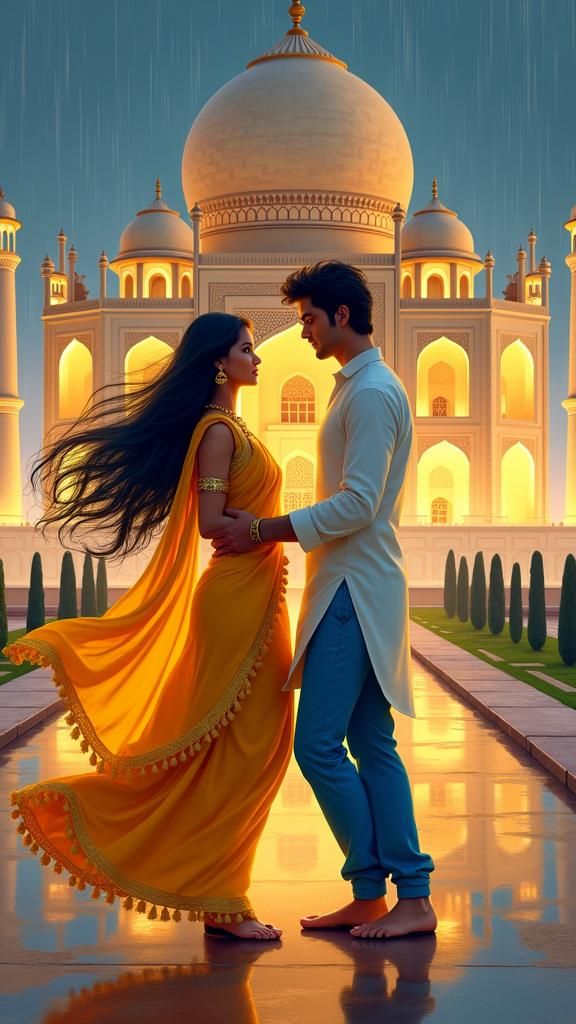 Whimsical Couple Dance at Taj Mahal Under Golden Light