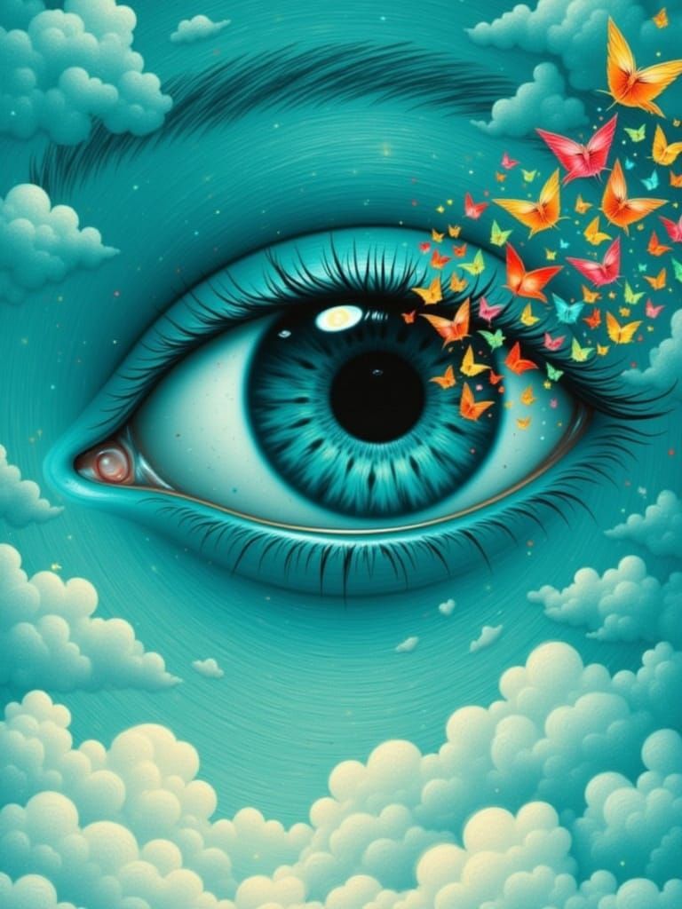 Surreal Human Eye with Birds, Abstract Style