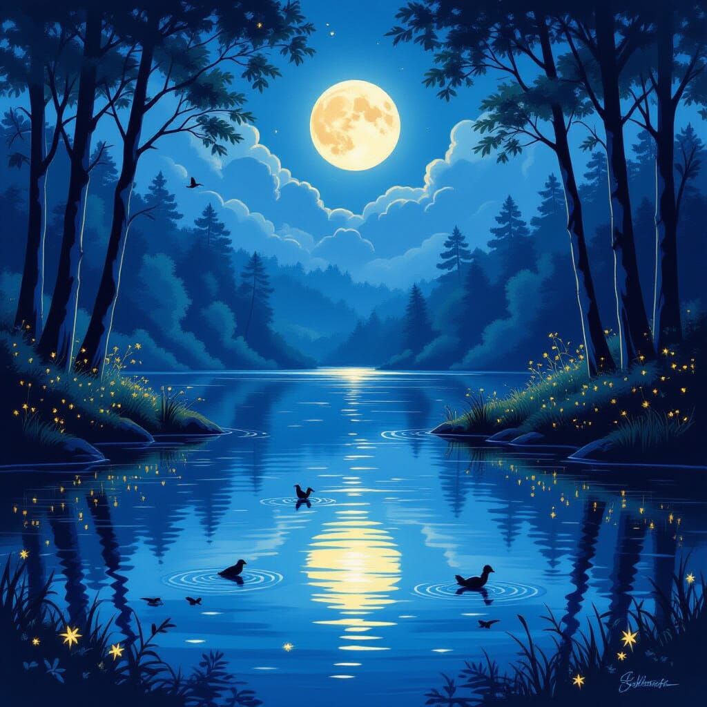 Magical Lakeside Evening Under Ethereal Moonlight