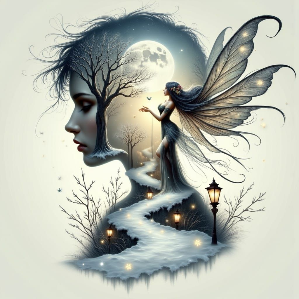 A Delicate Winter Fairy in Whimsical Double Exposure