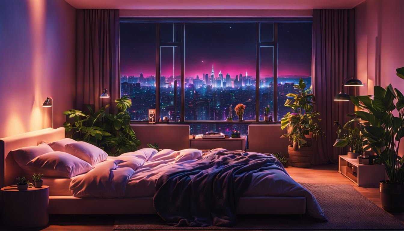 Cozy Nighttime Bedroom with a View of the City