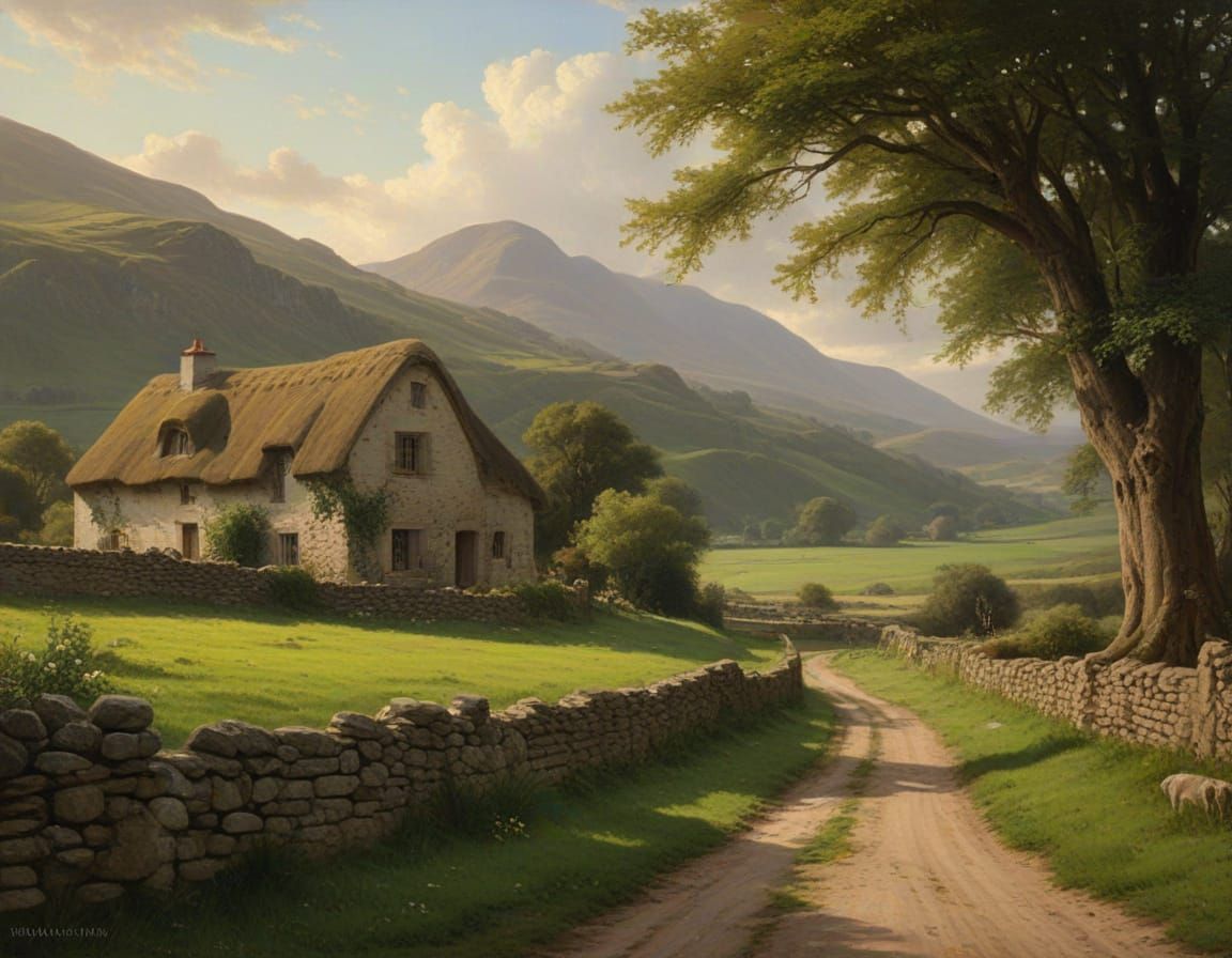 Irish Farmscape Oil Painting in Golden Hour Light