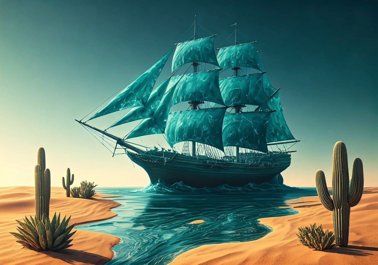 Surreal Schooner Glides Across Arid Dunes
