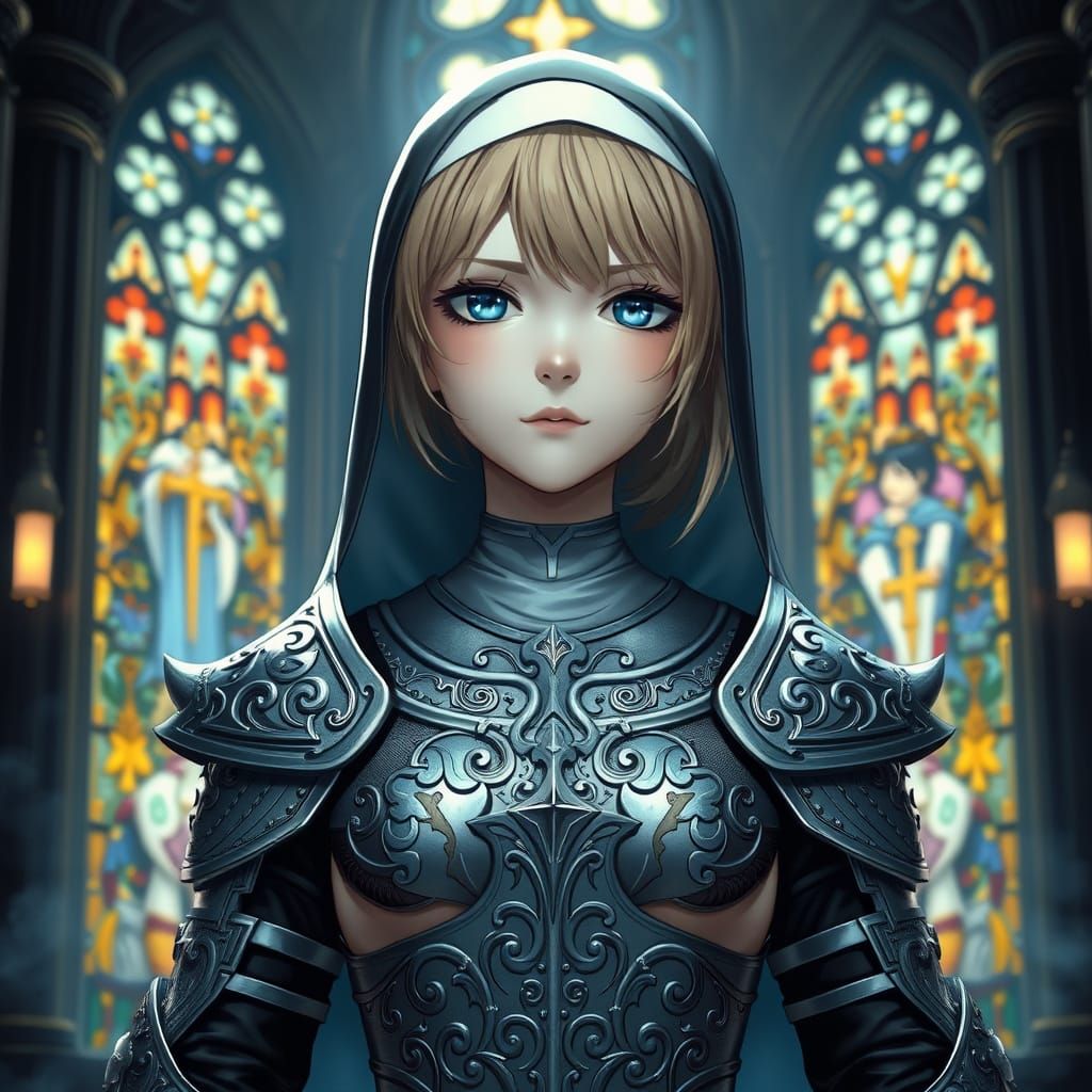 Serene Nun in Silver Armor Confronts Mystical Tabernacle
