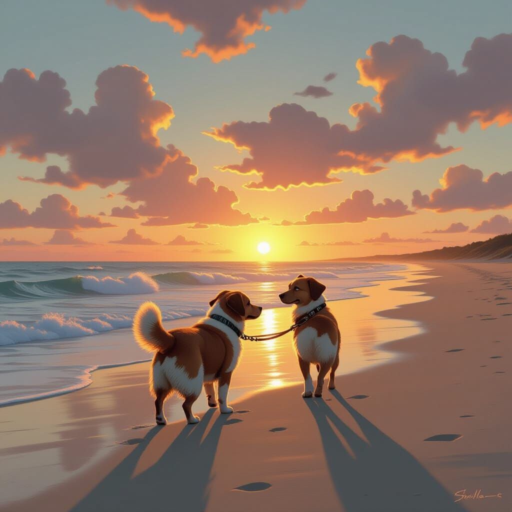 Dog Walking on Serene Beach at Sunset