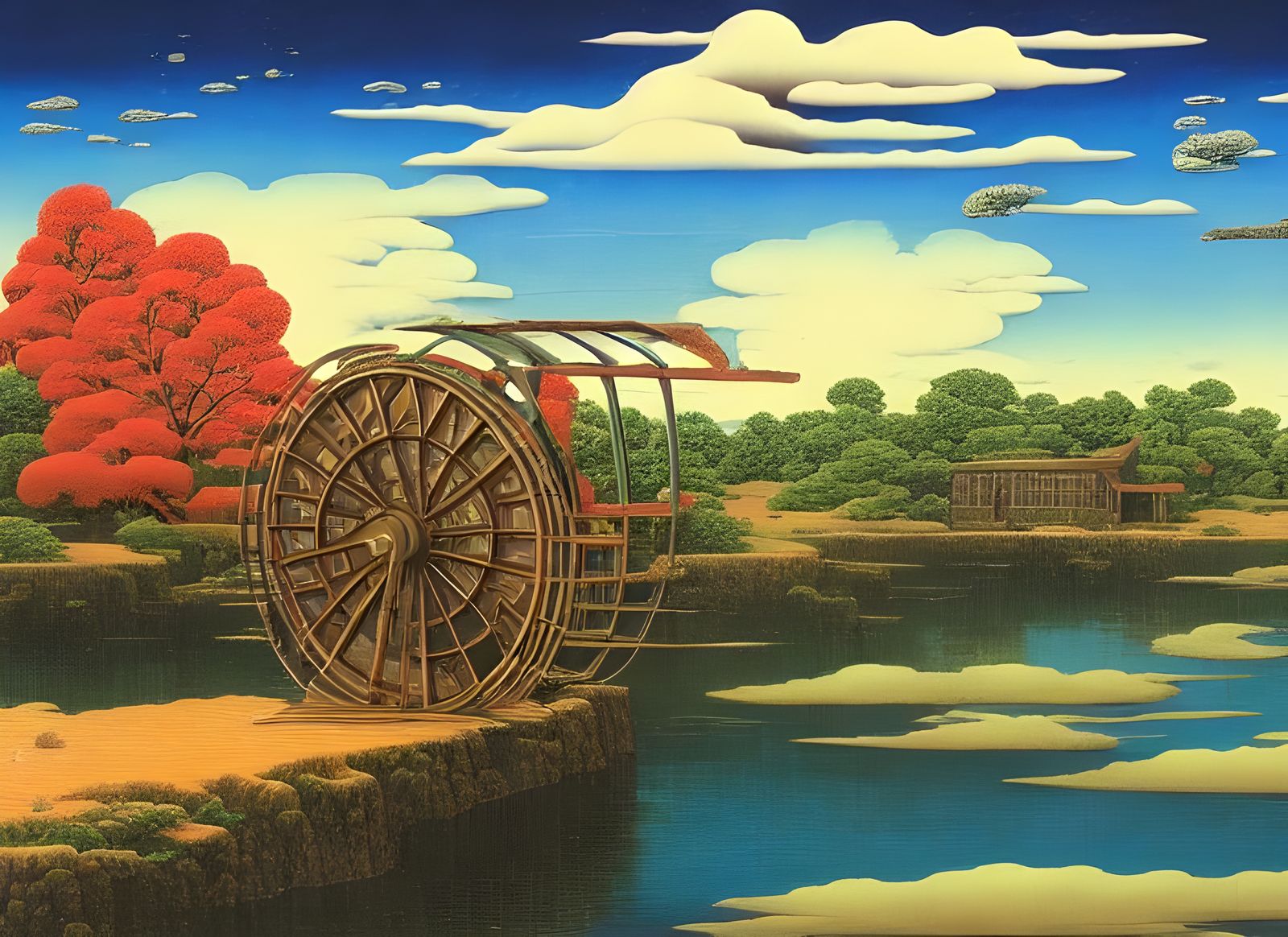 A Surreal Water Wheel Floats Serenely in the Sky