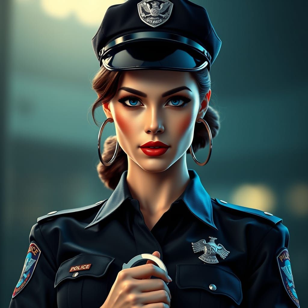 Confident Female Police Officer in Pin-Up Style