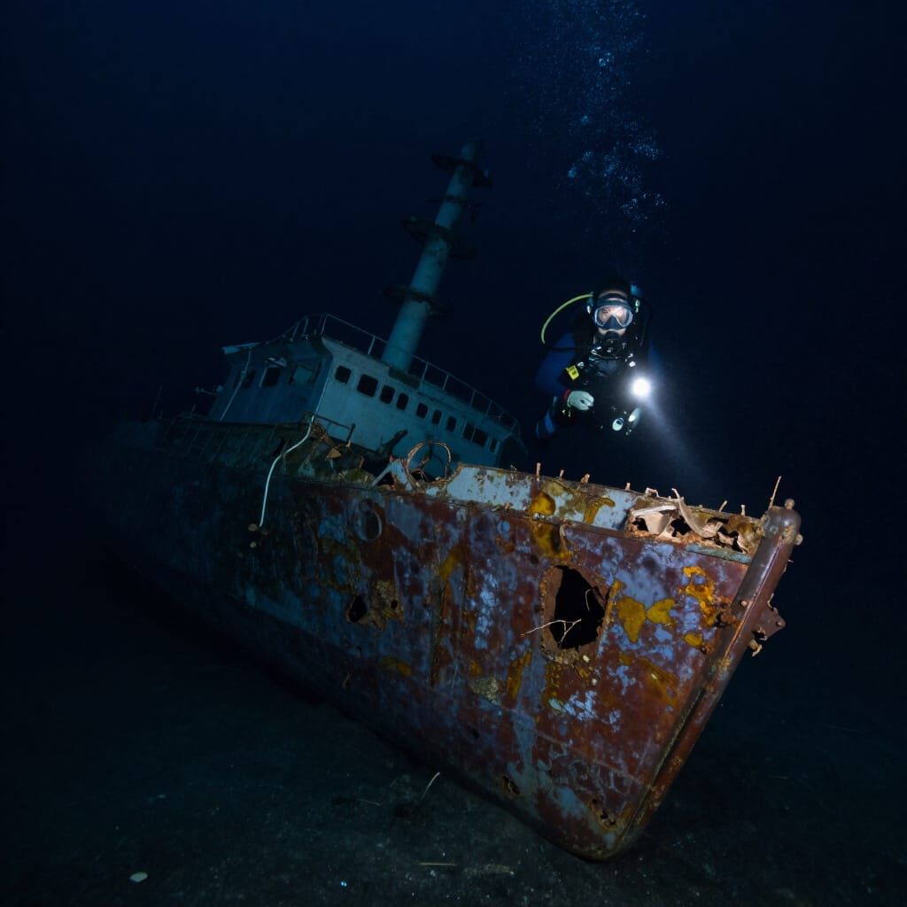 Scuba Diver Illuminates Decaying Shipwreck in Abyssal Depths