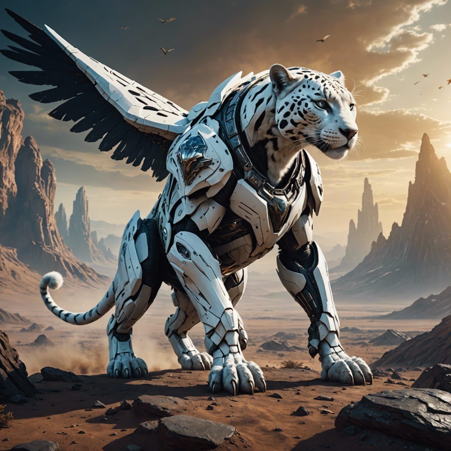 Epic White Panther in Majestic Alien Landscape with Armor an...