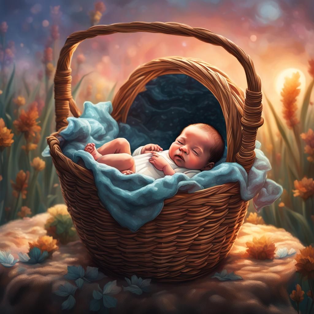 High-Resolution Portrait of a Newborn Baby in a Basket, Capt...