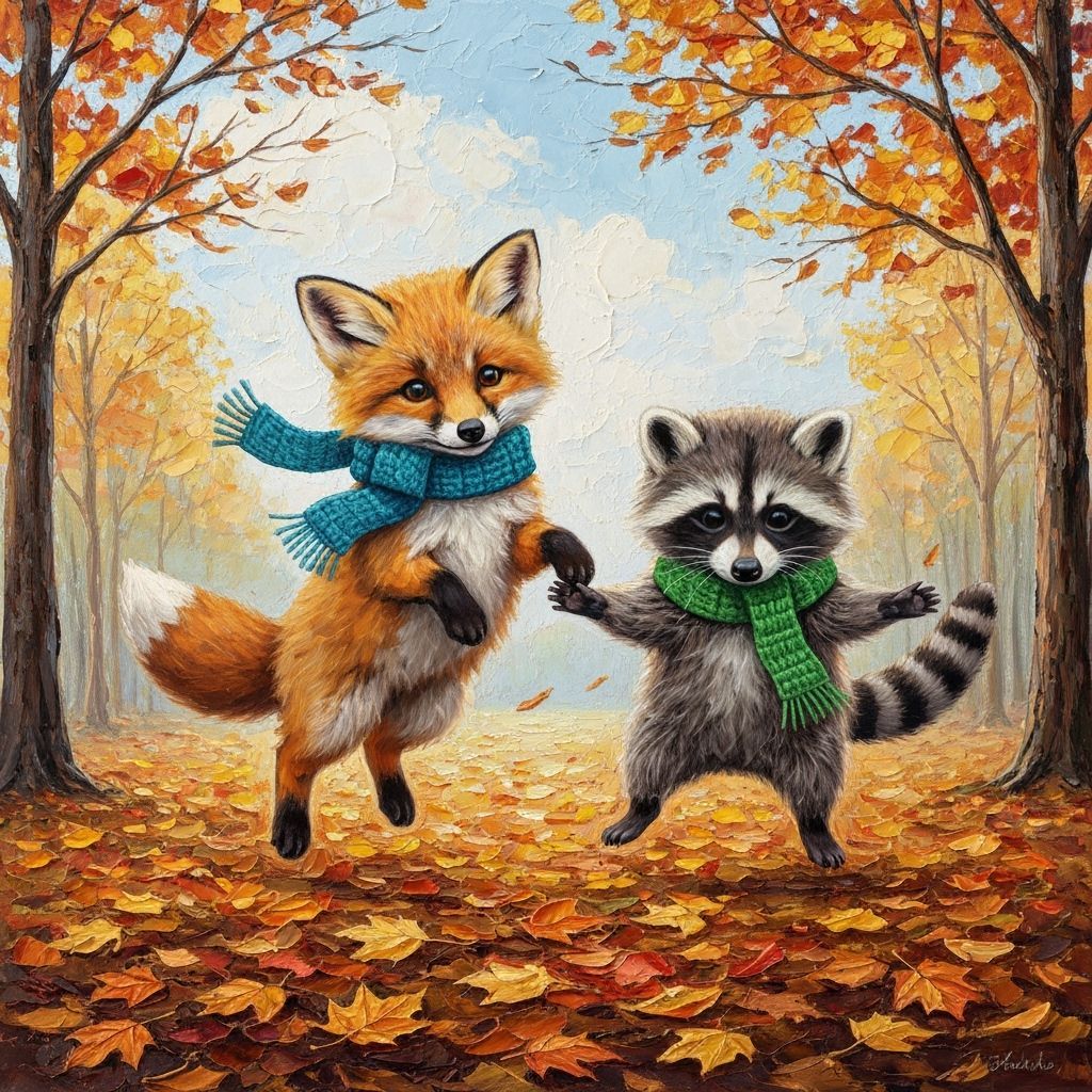 Baby Fox and Raccoon Joyfully Play in Fall Leaves