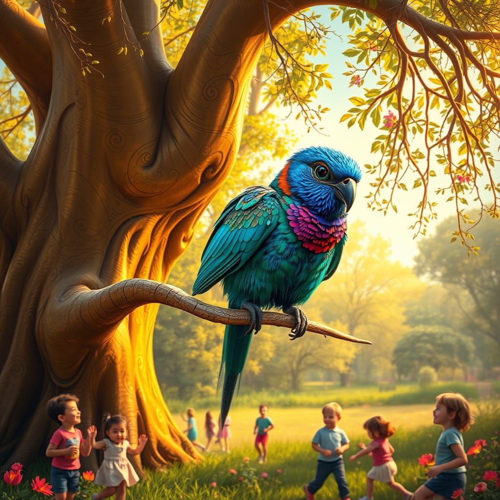 A Resplendent Bird on a Golden Tree Watches Children Play