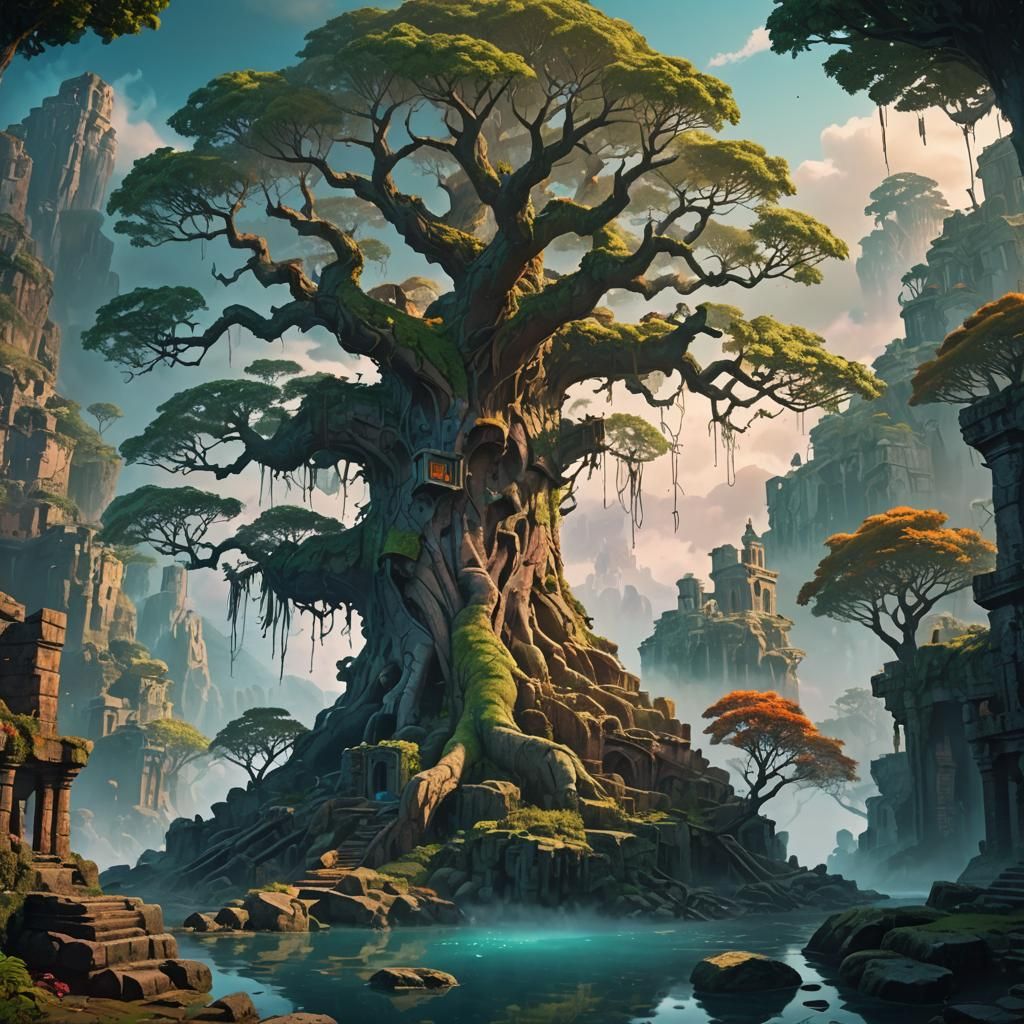 Ancient Tree Amidst Mystical Ruins on a Celestial Isle