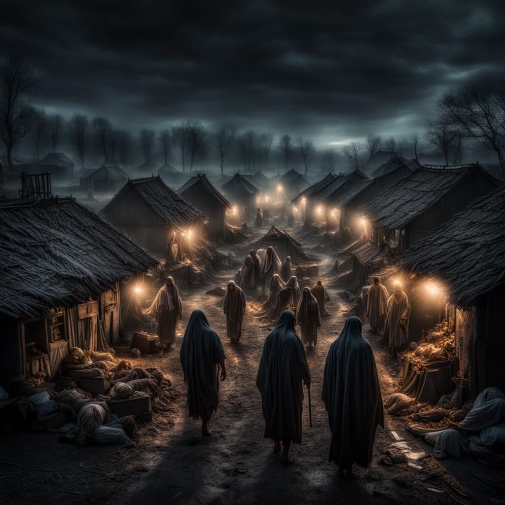 Countryside Village at Night, Translucent Dead Villagers in...