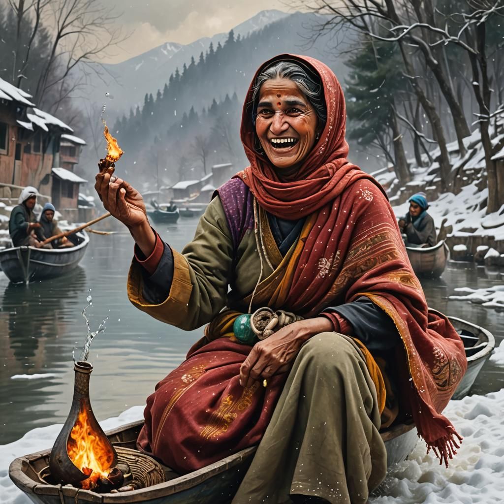 Kashmiri Woman Roves Snowy Shikara with Laughter