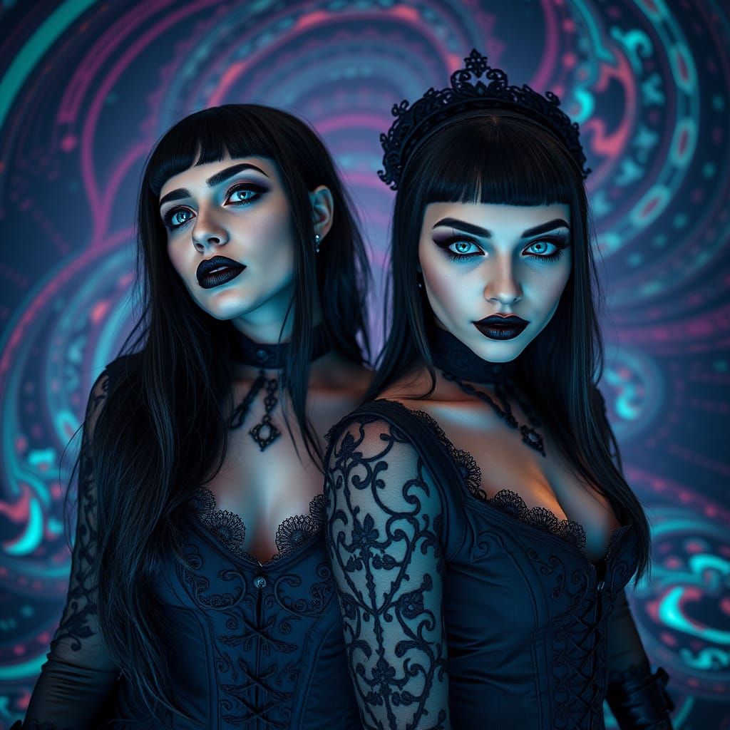 Gothic Women Embrace in Neon-Lit Dreamscape