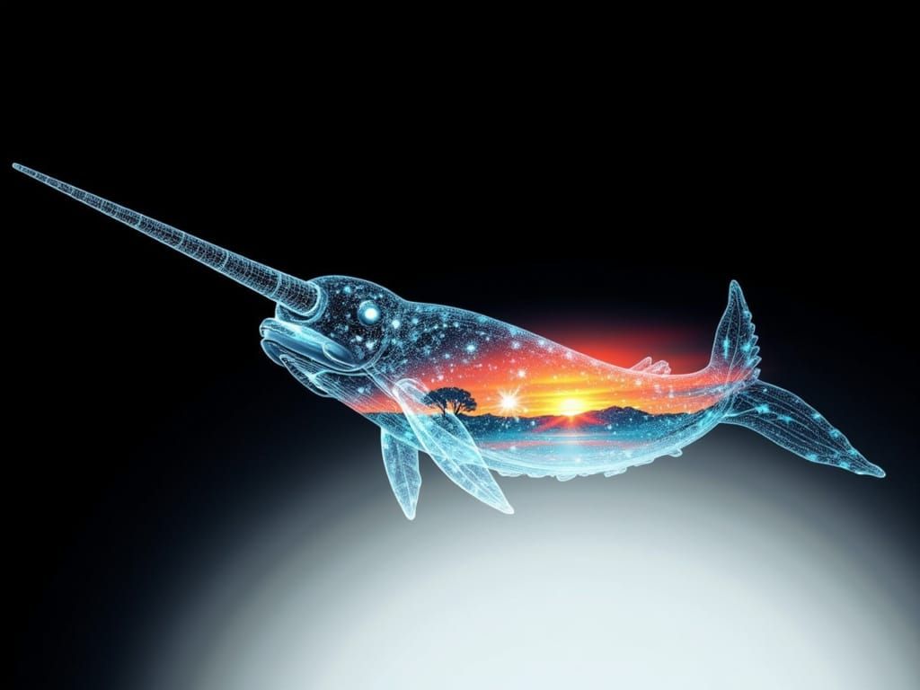 Bioluminescent Narwhal in Double Exposure: Surreal Pointilli...