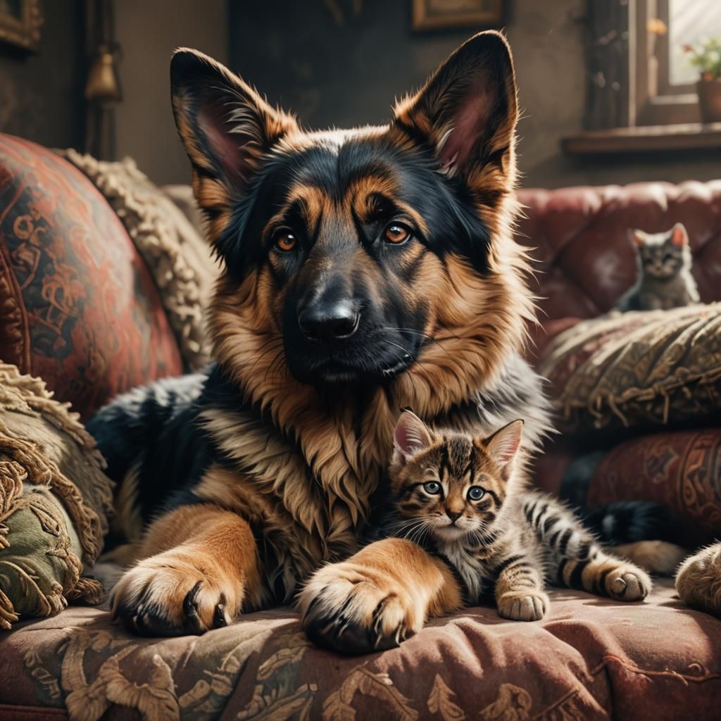 German Shepherd Gently Awakens a Peaceful Kitten on a Cozy S...