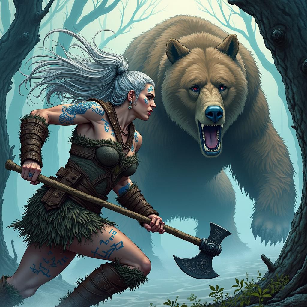 Ancient Norse Warrior Battles a Ferocious Bear in a Misty Fo...