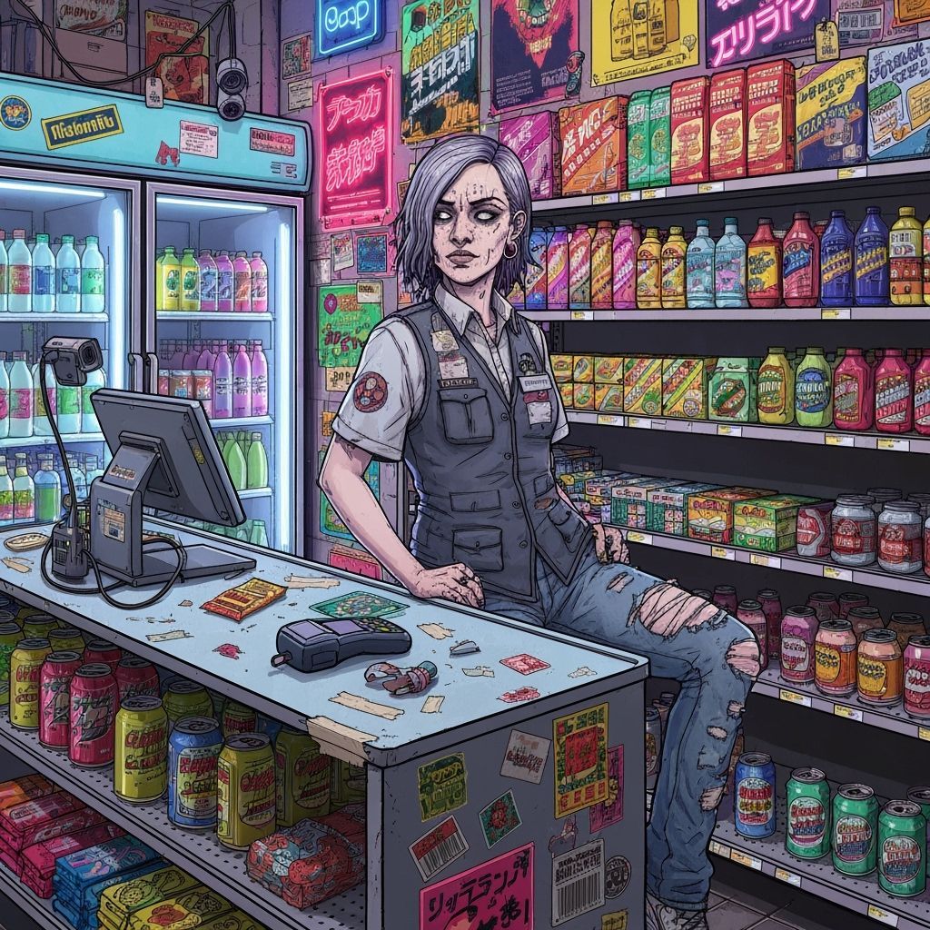 Cyberpunk Convenience Store Clerk in Neon Chaos