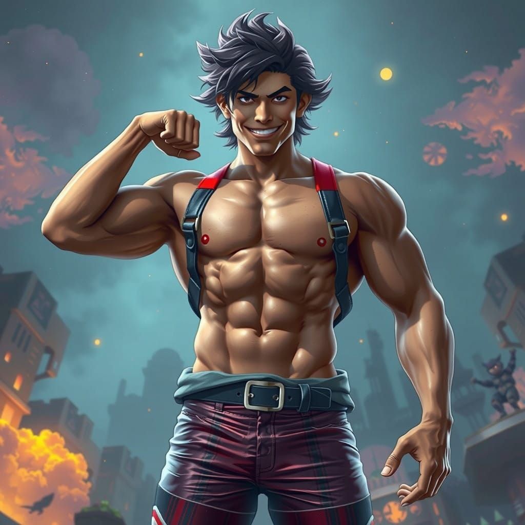 Heroic Bodybuilder in a Fantastical Cityscape