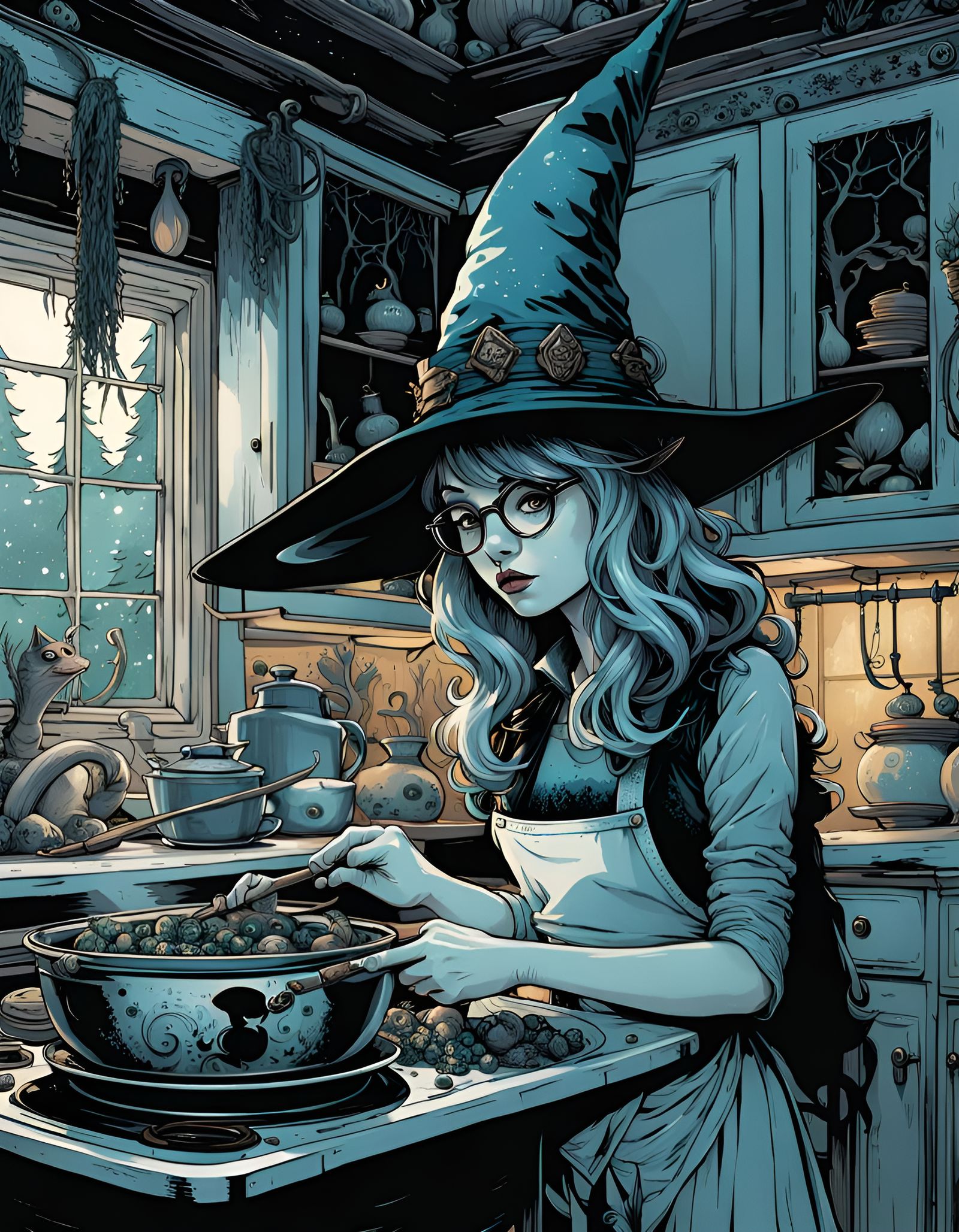 Whimsical Witch in Kitchen Setting