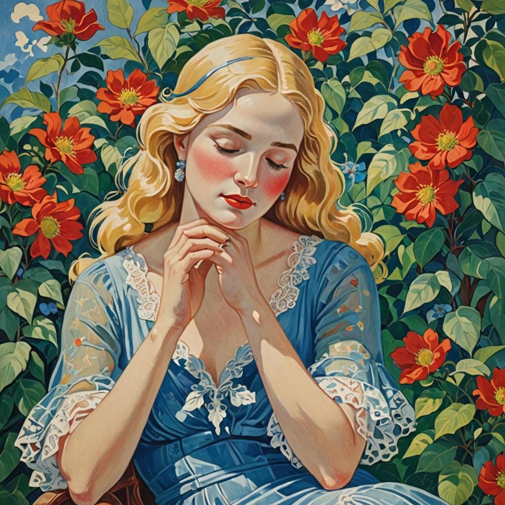 Elegant Fauvist Woman Amidst Vibrant Red Flowers