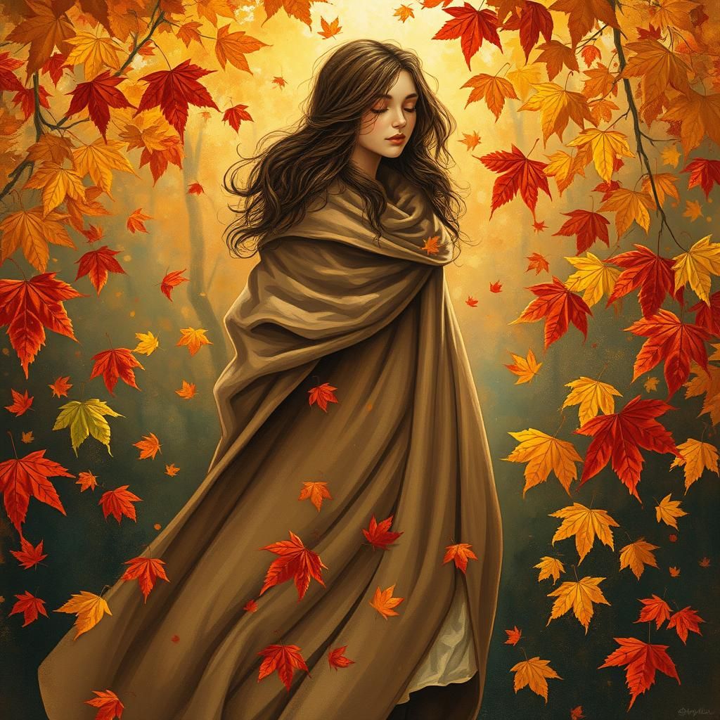 Whimsical Autumn Goddess Surrounded by Falling Leaves