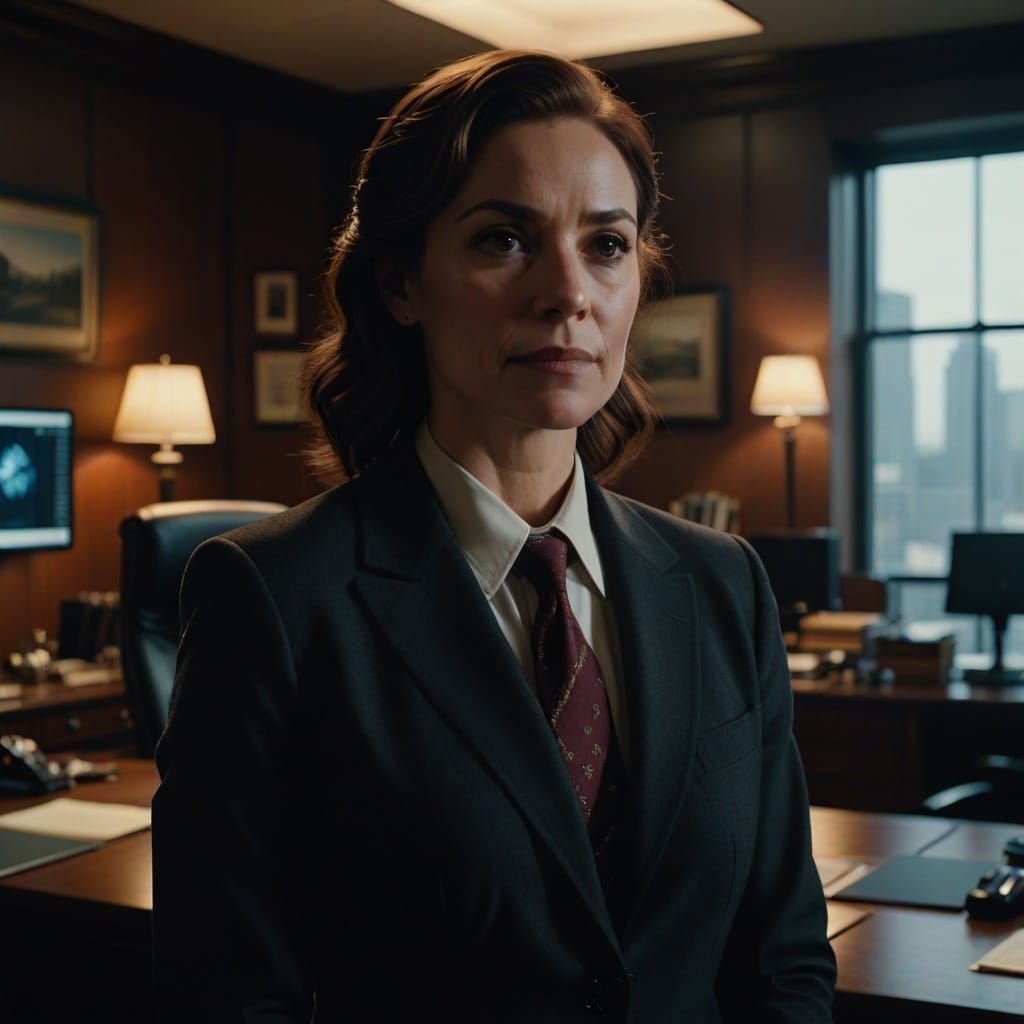 Confident Assistant DA in Office, Cinematic Film Still