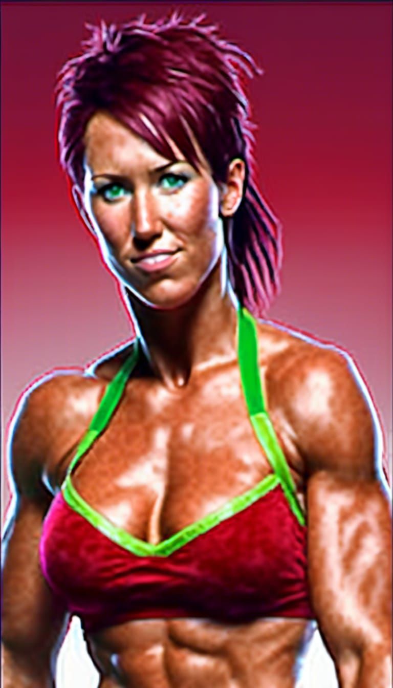 Surreal Portrait of a Female Bodybuilder in a Vibrant Red Bi...