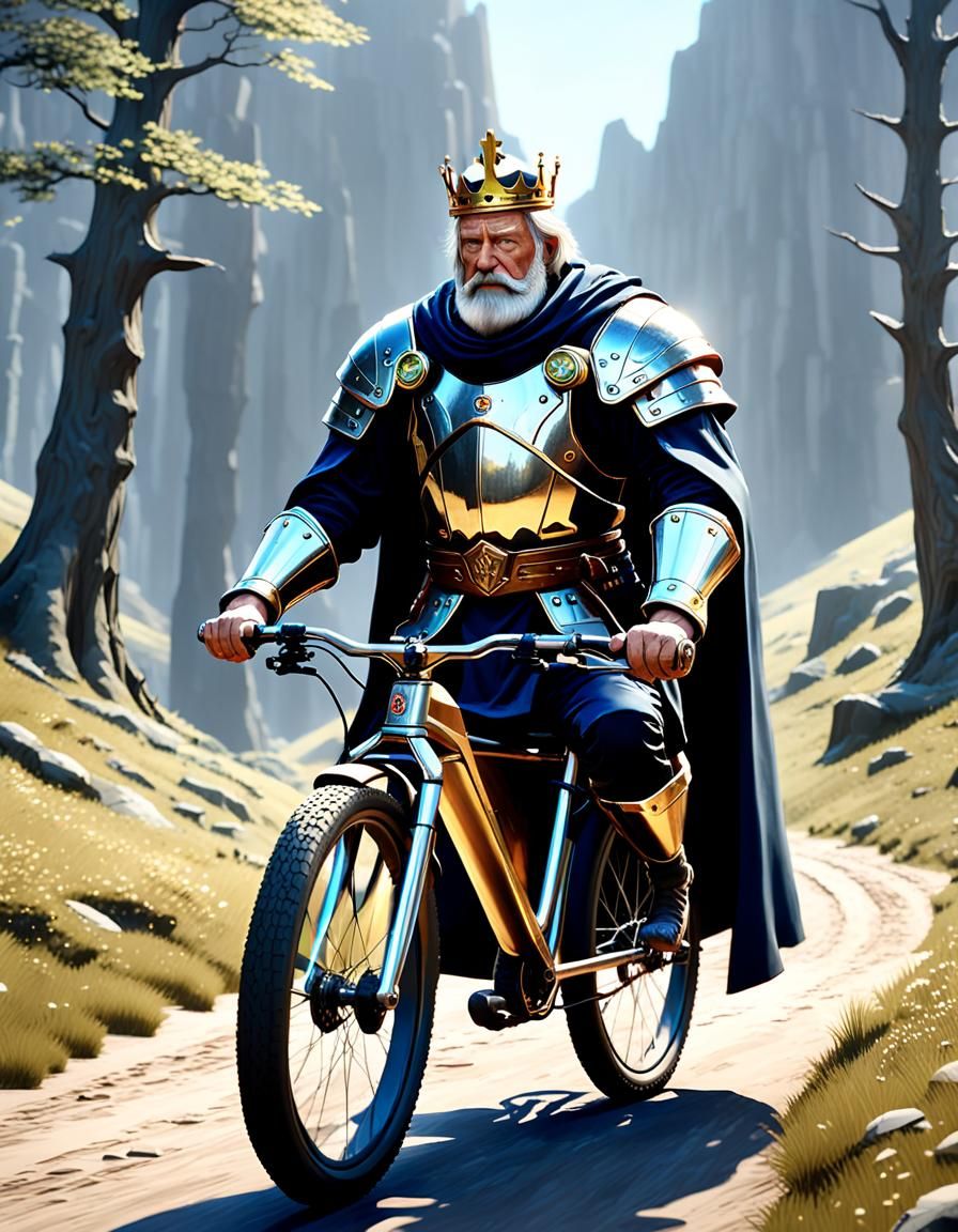 " le roi Arthur en tenue du moyen âge faisant du vélo tout t...