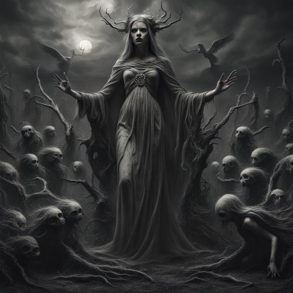 Dark Goddess of Eerie Aftermath in Monochromatic Wonders