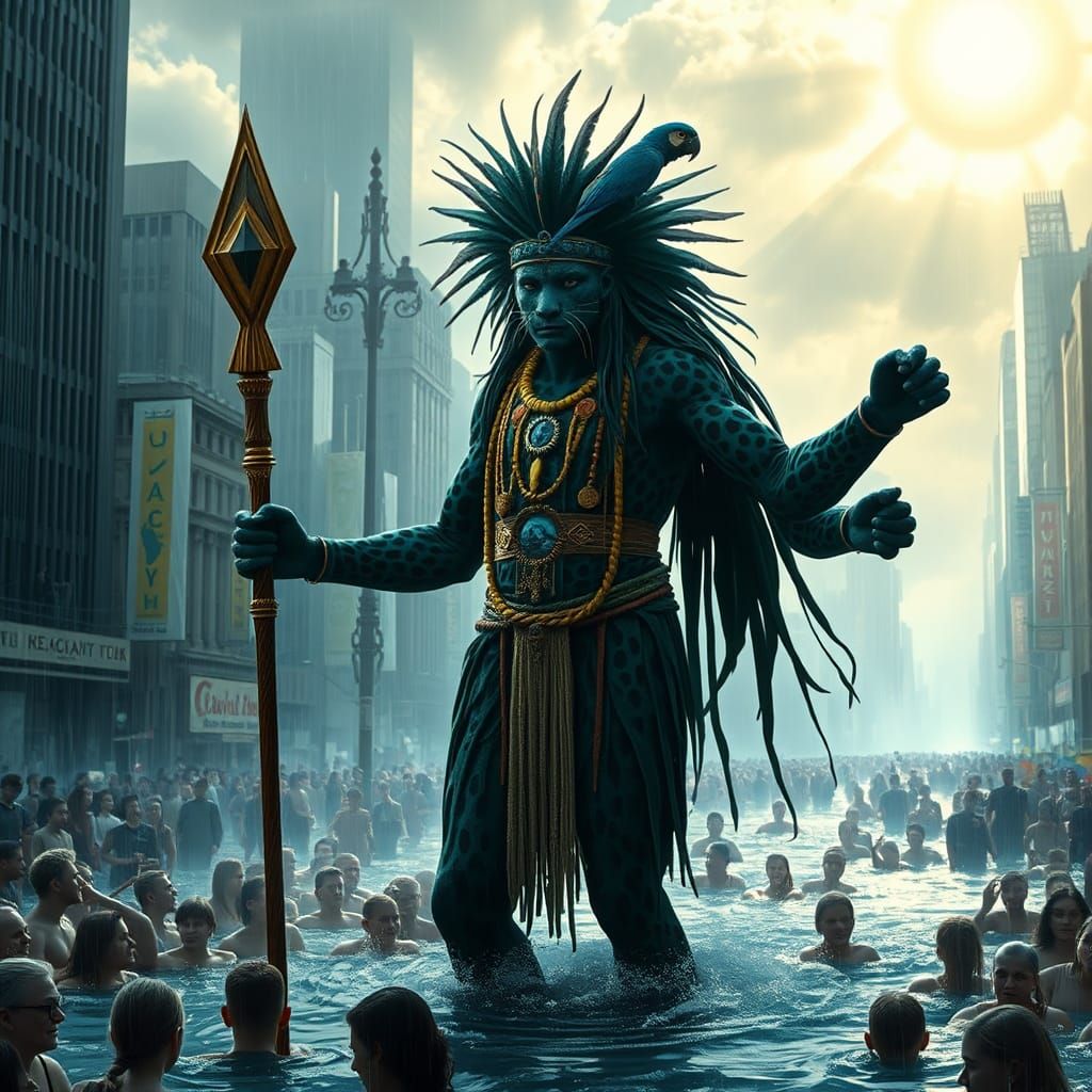 Dark Green Blue Leopard Shaman in Flooded New York City