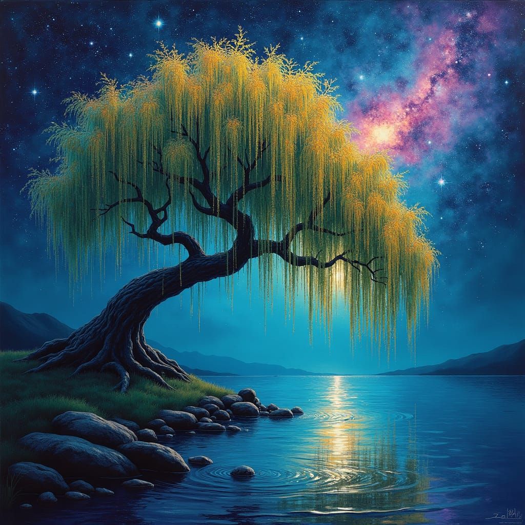 Whispering Willow Tree at Night, in Surreal Cosmic Landscape