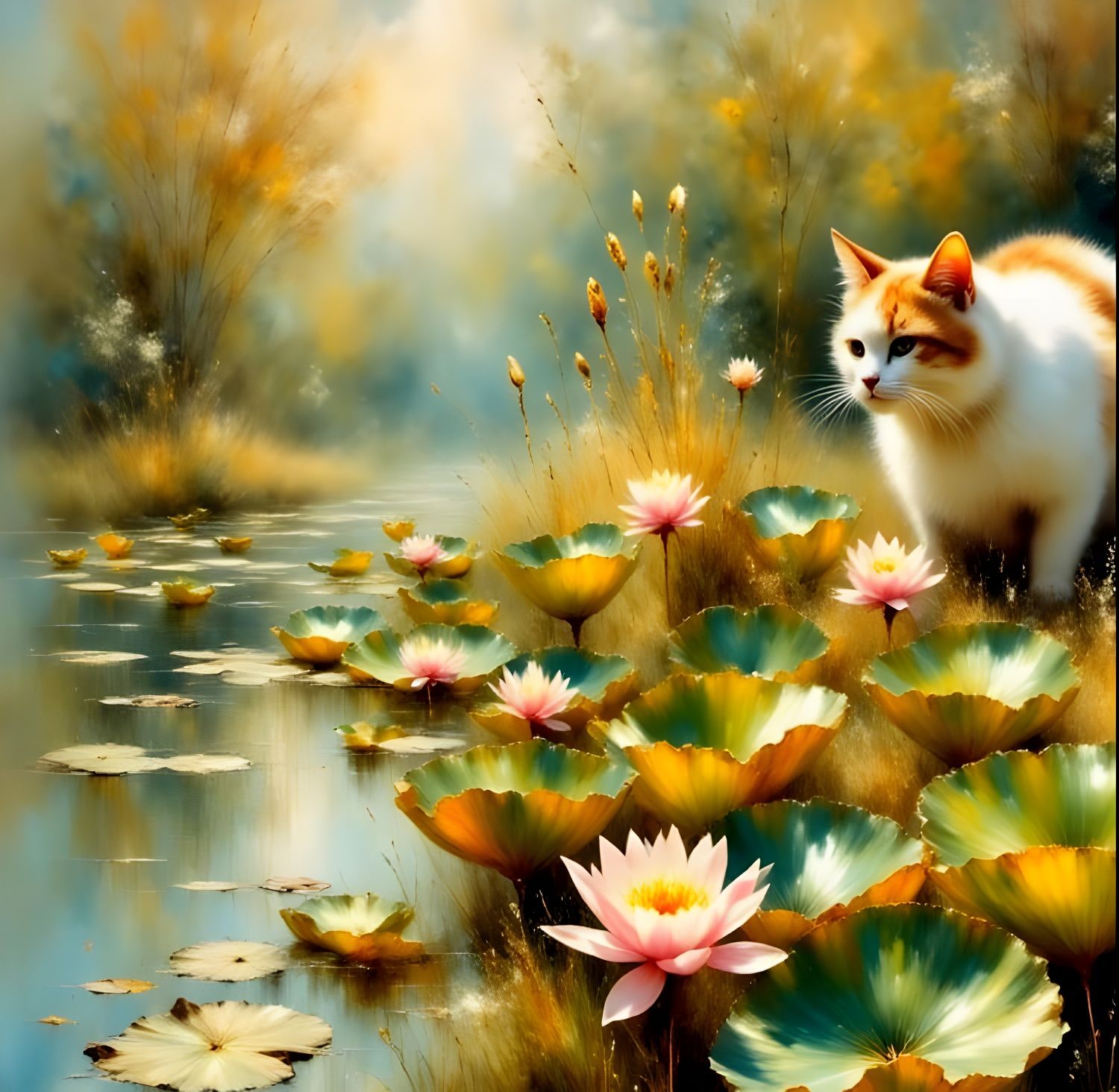 Whiskered Reflections on Monet's Pond