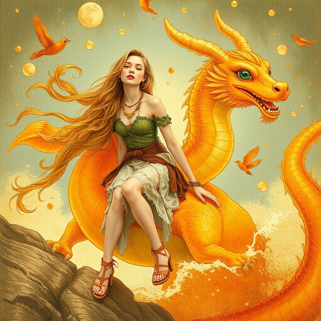 Woman on Gummy Dragon in Effervescent Soda Sea