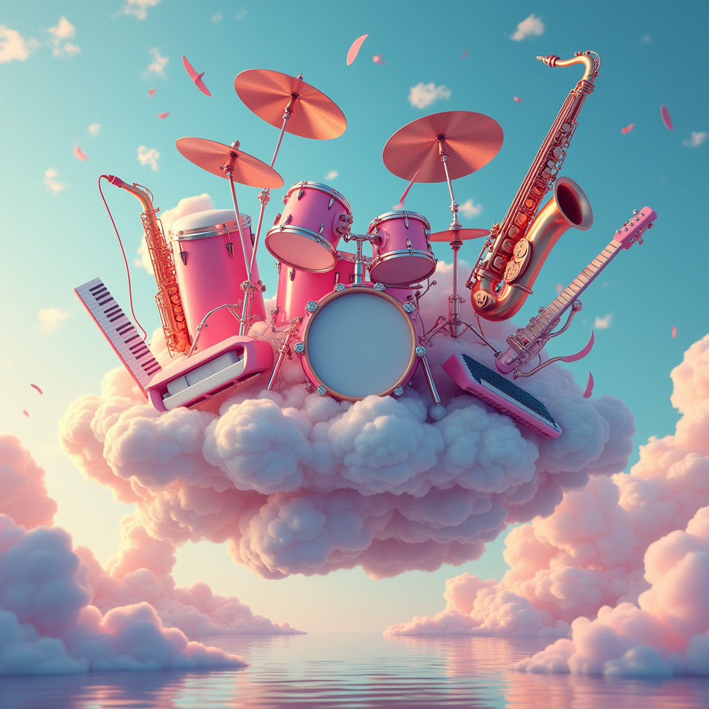 Floating Musical Instruments in a Dreamlike Whimsical Sky