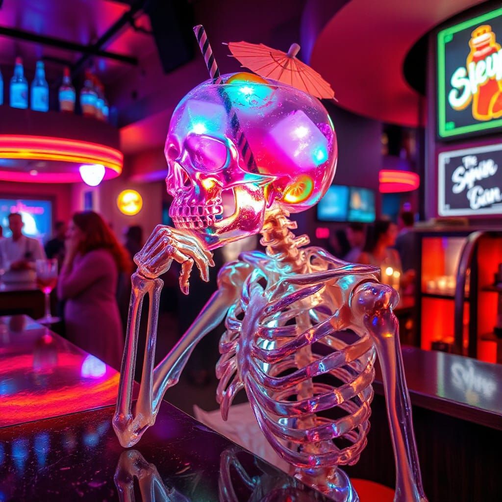 Crystal Skeleton Sips Neon Cocktail in Surreal Bar