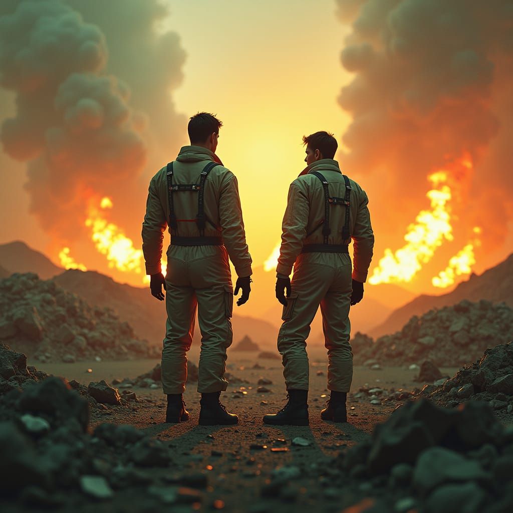 Gritty Futuristic Explorers Stand at the Threshold of a Neon...