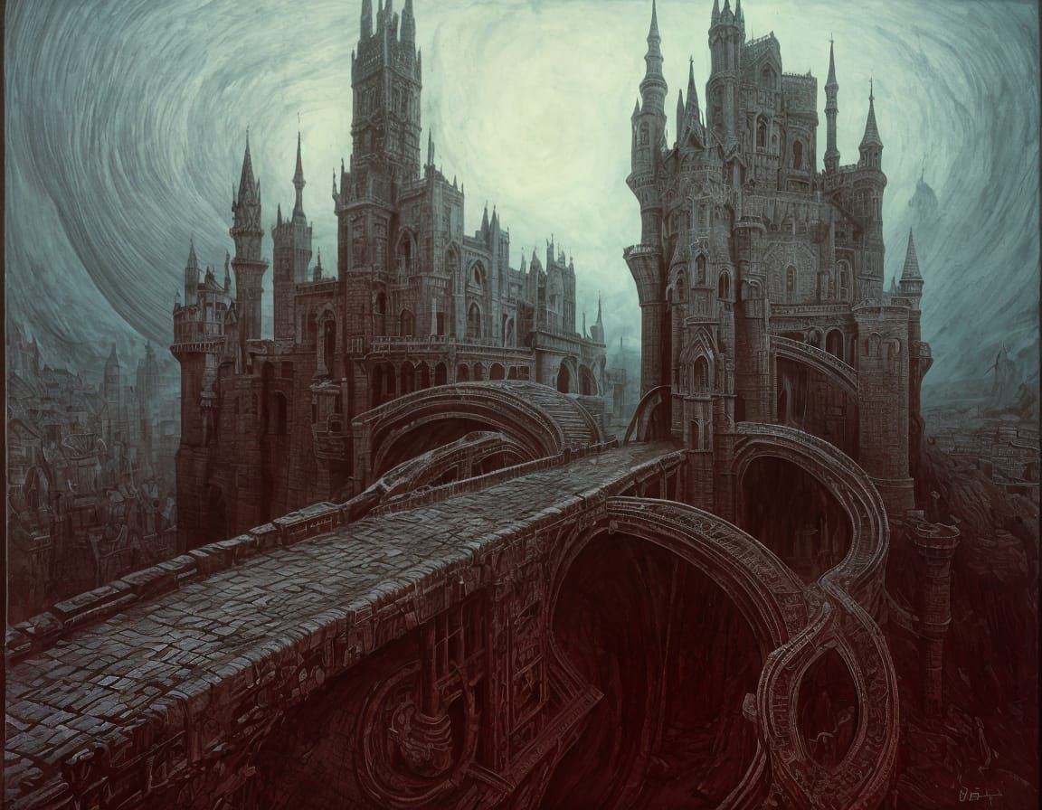 Surreal Castle Landscape with Twisted Forms and Moats in Dar...