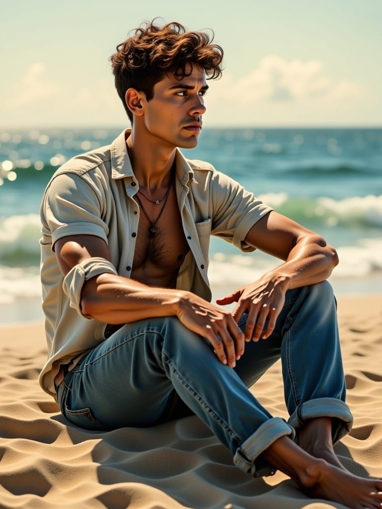 Melancholy Man Gazing at Horizon on Sandy Beach
