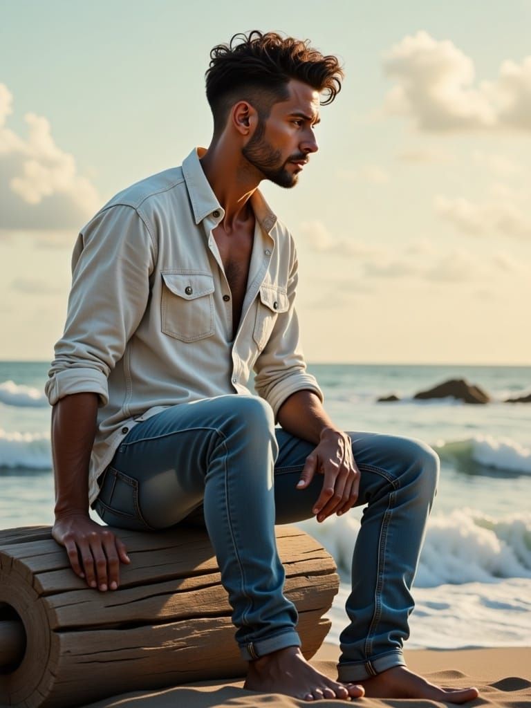 Pensive Man on Beach, Impressionistic Style