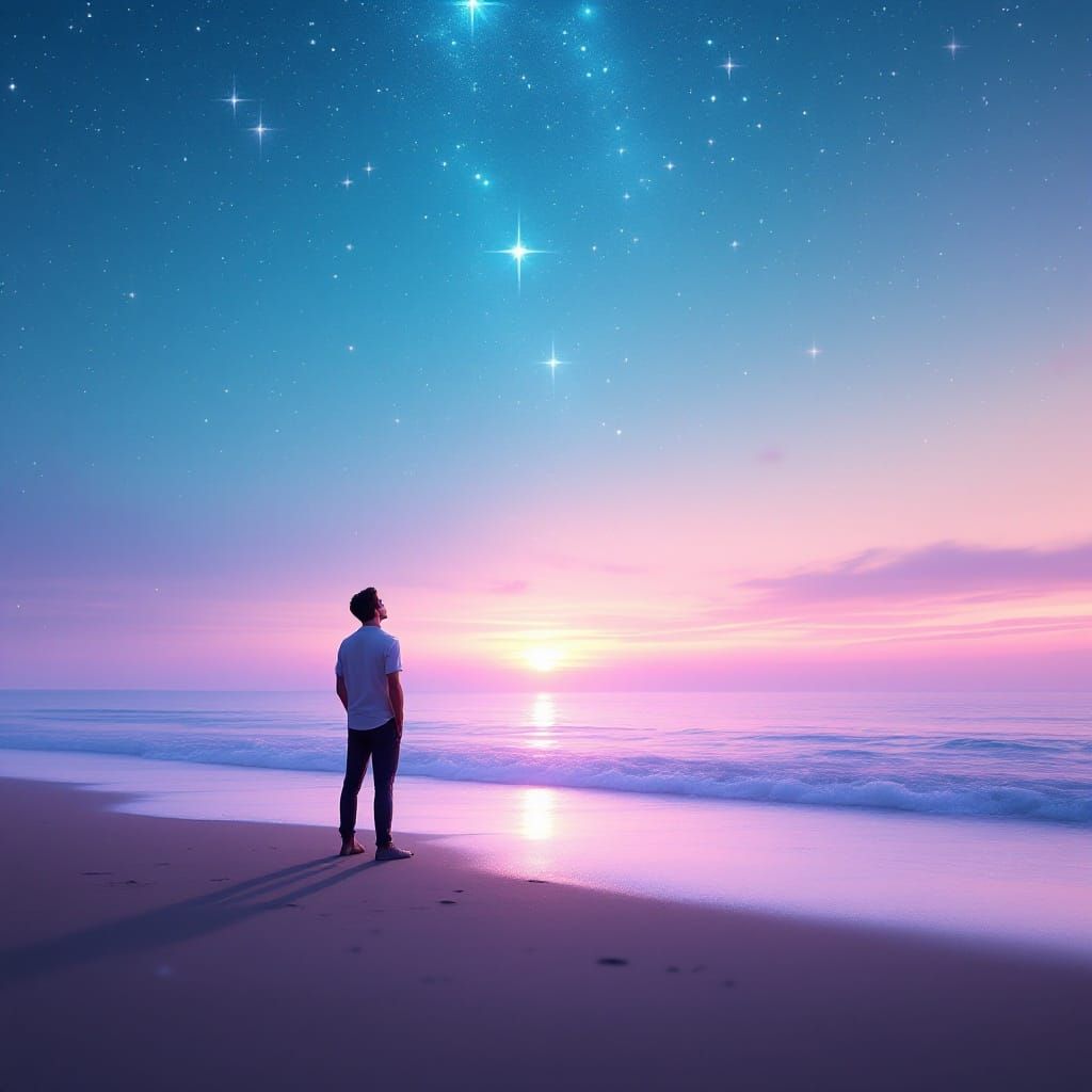 Enchanted Beach Sunset in Vibrant Dreamy Art Style