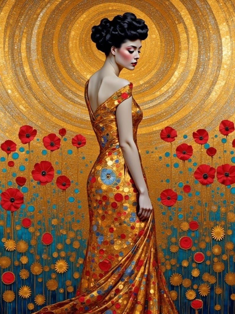 Impressionistic Portrait of a Golden Woman in a Sparkling, S...