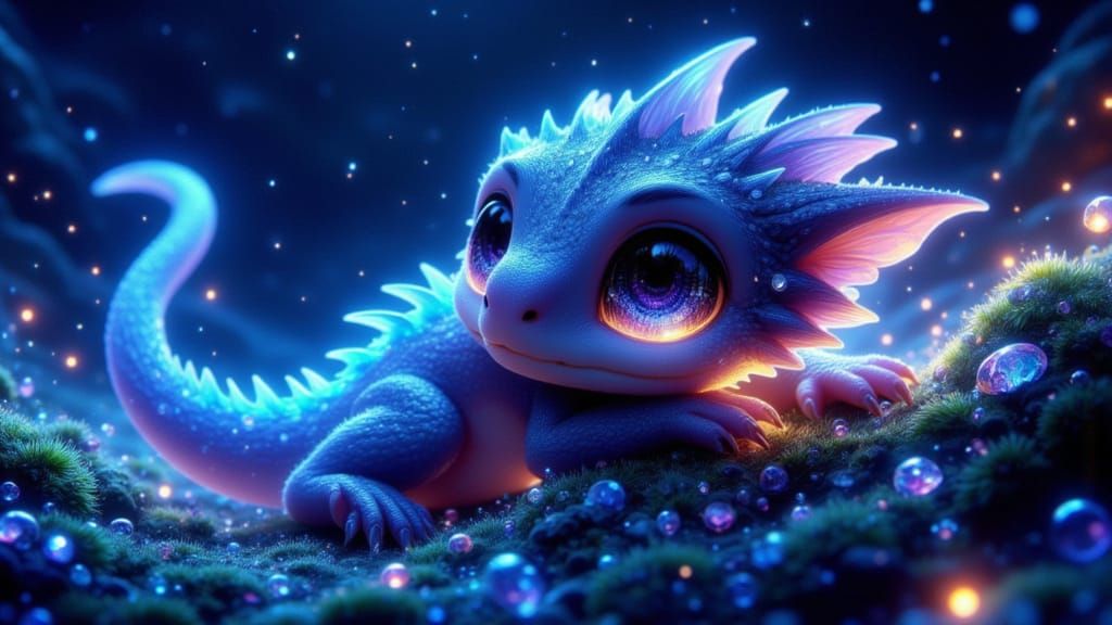 Bioluminescent Dragon Hatchling in Grotto, 3D Rendered