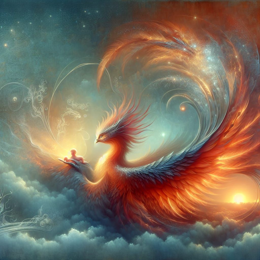 Majestic Phoenix in Enchanted Sunset Realm