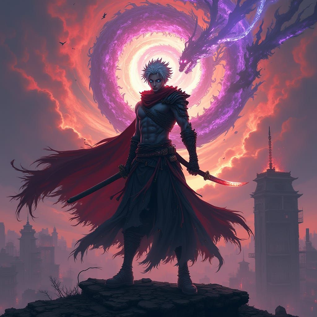 Cyberpunk Warrior Defies Dark Forces in Ominous Rooftop Batt...