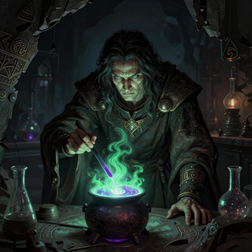 Alchemist Studying Glowing Crucible in Dark Fantasy Art